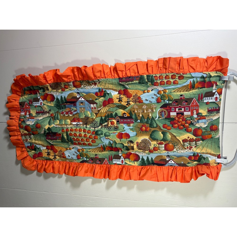 Vtg Fall Thanksgiving Table Runner 47x22 Pumpkin Turkey Farm Ruffle Harvest